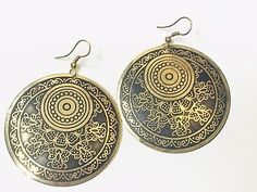 Women Handmade Artisan Ethnic Boho Dangle Round Brass Hook Earrings Gold Black | eBay Vintage Danglers For Festive Gifts, Vintage Danglers For Gift During Festivals, Vintage Round Danglers For Gift, Bohemian Round Danglers As Gift, Bohemian Round Danglers For Gifts, Bohemian Decorative Earrings For Gift, Bohemian Decorative Earrings As Gift, Bohemian Earrings As Gift, Handmade Bohemian Danglers For Gifts