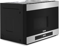 a black and silver microwave with the door open