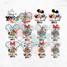 mickey and minnie mouse heads with the names of each disney world characters on them, all in different colors