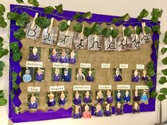 a bulletin board decorated with photos and the words birthdays hanging on clothes pegs