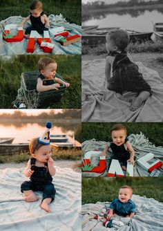 a collage of photos with two babies and one baby sitting on a blanket in the grass