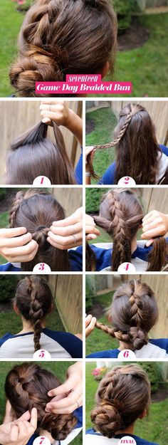 The Perfect Game Day Hairstyle You Can Do In Under 5 Minutes Braided Bun Tutorial, Easy Braided Bun, Hair Braid Bun Tutorial, Football Hairstyles, Braided Bun Tutorials, Sports Hair, Sport Hair, Workout Hairstyles, Volleyball Hairstyles For Curly Hair