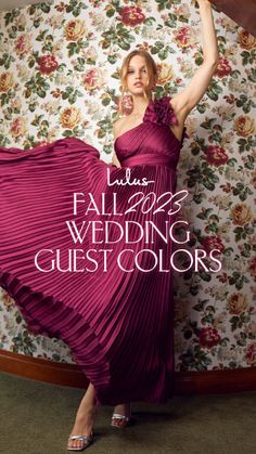 a woman in a purple dress is posing for the cover of wedding guest's magazine