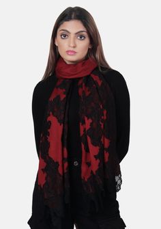 Crafted from a very fine blend of wool and silk, this burgundy scarf offers the perfect balance between warmth and sophistication. It is adorned with an intricate contrasting black floral lace at the ends creating a stunning visual contrast. This must-have addition to any wardrobe seamlessly combines comfort and elegance to elevate an ensemble for an evening out. Elegant Fall Pashmina Shawl, Elegant Black Shawl Scarves, Elegant Winter Pashmina Shawl, Elegant Shawl Scarf With Lace Trim, Elegant Winter Pashmina Shawl For Formal Occasions, Elegant Black Pashmina Shawl For Winter, Elegant Red Pashmina Scarf, Formal Black Pashmina Shawl, Elegant Winter Formal Pashmina Shawl