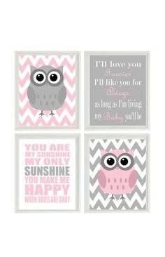 four pink and gray nursery art prints with an owl, chevron background, and the words you are my sunshine happy world