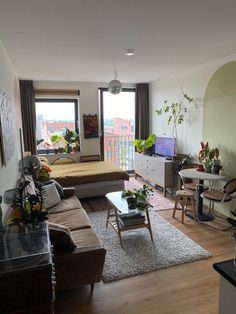 a living room filled with furniture and lots of plants on top of it's windowsill