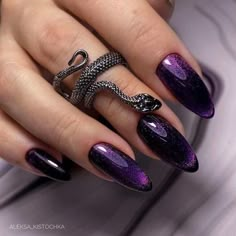 Nail Nail Designs, Purple Chrome Nails, Dark Purple Nails, Violet Nails, Witch Nails, Witchy Nails, Purple Acrylic Nails, Gothic Nails, Goth Nails