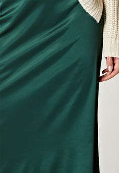 ANGELEYE Emerald Satin Midi Skirt | Little Black Dress Cosy Jumper, Evening Cocktail, White Trainers, Green Satin