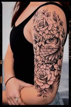 Owl and Flowers Tattoo Inspiration Owl Thigh Tattoos, Owl Tattoo Sleeve, Shoulder Sleeve Tattoos, Cool Shoulder Tattoos, Tattoos For Women Half Sleeve, Theme Tattoo, Upper Arm Tattoos, Floral Tattoo Sleeve