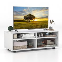 a flat screen tv sitting on top of a white entertainment center next to a plant