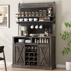 an old style coffee bar with cups and mugs on it