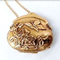 Vintage Art Nouveau Gold Perfume Necklace Locket- Butterfly Purse Compact W/Chain. The Compact Measures Approximately 1.75" Wide. The Necklace Is About 28" Long. In Excellent Condition, With Beautiful, Intricately Carved Butterflies And Flora. Solid Perfume Is Full And Still Smells Marvelous! Signed, But I Can't Make Out What It Says. Butterfly Purse, Dainty Fine Jewelry, Gold Perfume, Perfume Necklace, Locket Necklace Vintage, Perfume Locket, Necklace Locket, Choker Pendant, Diamond Solitaire Necklace