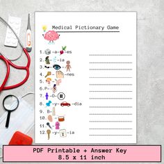 ❤MEDICAL PICTIONARY GAME --DIGITAL DOWNLOAD❤ Brighten up the day in the classroom/pharmacy/clinic/hospital with a fun game of Medical Pictionary! Engage your team and create a joyful atmosphere while guessing the medical/health related answers! Play for FUN or for PRIZES!  ❤HOW TO PLAY❤ Use the pictures along with some helpful letters to guess the word. Have Fun!🍍 What's Included:  💕1 Digital Download in PDF containing the Game and the Answer Key 💕Size: 8.5 x 11 inch (Letter size) 💕Once purc Hospital Week Games, Medical Games Ideas, Medical Games, Nurse Games, Key Printable, Hospital Games, Pharmacy Week, Graduation Games, Engagement Games