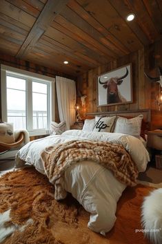 a large bed sitting in a bedroom next to a window and cow head on the wall