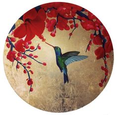 a painting of a hummingbird in flight with red flowers on it's body