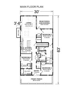 the main floor plan for a small house with three bedroom and an attached garage area