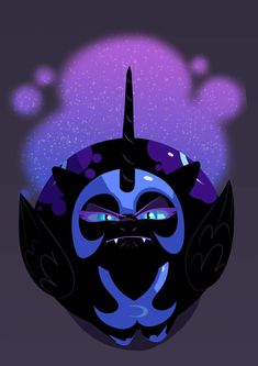 an illustration of a blue and black creature with horns on it's head, in front of a purple background