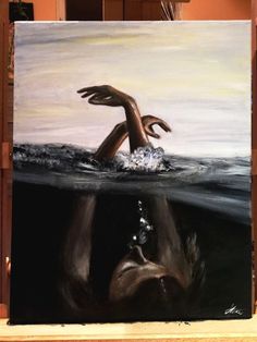 a painting of a hand reaching for something in the water