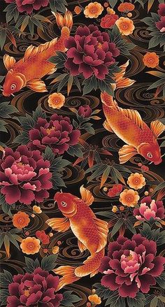 a fish and flowers pattern is shown on a black background with red, orange, and yellow colors