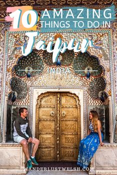 a man and woman sitting in front of a door with the words 10 amazing things to do in japan