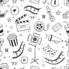 black and white seamless pattern with movie related items, such as popcorn, film reels, clapsticks, movies