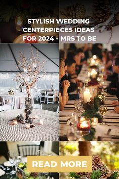 a collage of photos with candles and centerpieces in them for a winter wedding