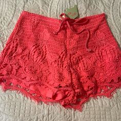 Nwt Crochet Shorts Size Small Hot Pink Color Zipper On Side And Drawstring Waist Lace Bottoms With Built-in Shorts For Summer, Crochet Shorts For Vacation In Spring, Crochet Shorts For Spring Vacation, Crochet Shorts For Spring, Crochet Shorts For Spring And Summer, Spring Crochet Shorts, Summer Beach Bottoms With Crochet Lace, Summer Crochet Lace Bottoms For Beach Season, Summer Crochet Lace Beach Bottoms