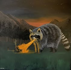 a painting of a raccoon eating something in the grass