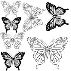 four butterflies that are black and white, one is drawn in the shape of a butterfly