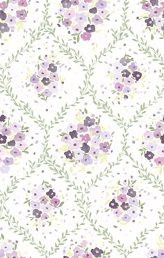 a white background with purple flowers and green leaves