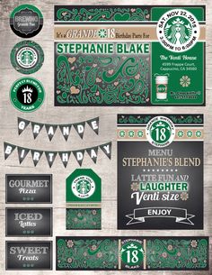 a bunch of green and black items on a wooden surface with the words starbucks's birthday