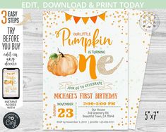 an orange and gold pumpkin birthday party card with the text, our little pumpkin is turning one