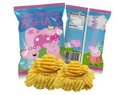 two bags of potato chips with peps on the side and one bag of happy birthday ashas