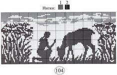 a cross stitch pattern with an elephant and man in the grass, next to water