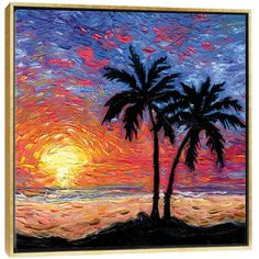 a painting of two palm trees in front of the ocean at sunset with colorful colors