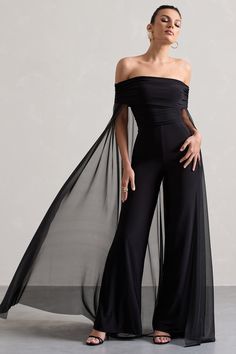 Chiffon Cape, Bardot Neckline, Club L London, Black Dress Prom, Black Tie Gala, Glad Rags, Party Dress Long Sleeve, Christmas Party Dress, Bridesmaid Outfit