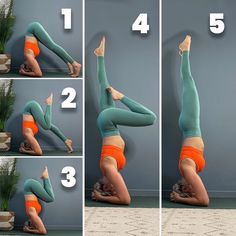 the woman is doing yoga poses on her stomach and legs, with four pictures showing how to do it