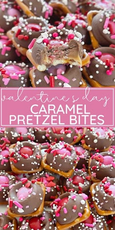 valentine's day caramel pretzel bites with chocolate and sprinkles