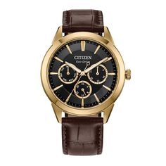 With vintage-inspired style that will never go out-of-date, this latest multi-function Rolan from Citizen takes the classic collection to the next level. Stainless steel 40mm gold-tone stainless steel case with black dial, three sub-dials, and gold-tone hands and markers Eco-Drive technology never needs a battery Dark brown leather strap; buckle clasp Water resistant to 100 meters We are an authorized Citizen dealer Peoples Jewellers, Eco Drive, Brown Leather Strap, Dark Brown Leather, Classic Collection, Stainless Steel Case, Next Level, Leather Straps, Dark Brown