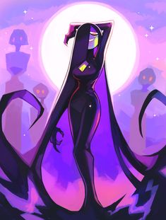 a woman with long black hair standing in front of a full moon and purple sky