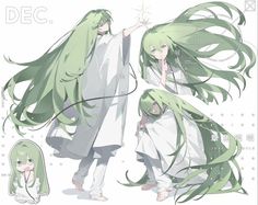 an anime character with long green hair and white clothes, holding her hand out to the side