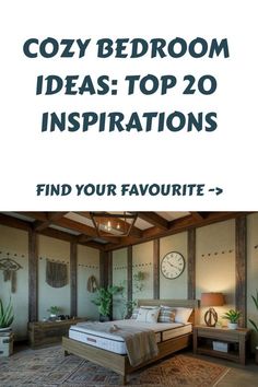 a bed room with lots of furniture and decor on the walls, along with text that reads cozy bedroom ideas top 20 inspirations find your favorite