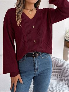 F00207770-304 Lantern Sleeve Sweater, Low Cut Dresses, Suspenders For Women, Pullover Outfit, Button Sweater, Burgundy Sweater, Pullover Sweater Women, Loose Sweater, Everyday Dresses