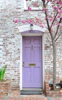 a purple door in front of a white brick building with pink flowers on the tree