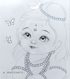 a drawing of a girl with pearls on her head