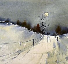 a painting of a snowy landscape with trees and fence