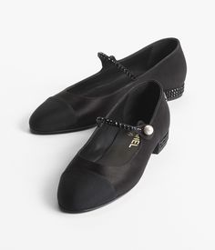 Mary janes - Silk satin, grosgrain & strass, black — Fashion | CHANEL Chanel Mary Janes, Chanel 2024, Chanel Flats, Chanel Watch, Chanel Store, Satin Shoes, Fashion Chanel, Eyewear Shop, Chanel Collection