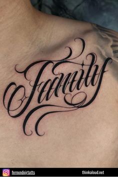 This is probably one of the easiest ways to honor your family. Simply get a tattoo that says “family” and you’ll never be able to forget those you love the most. Tattoos That Say Love, Family Love Tattoo, Family Lettering, Love Tattoo Ideas