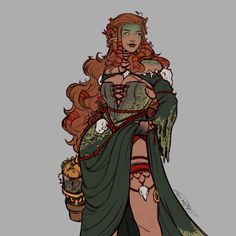 a drawing of a woman with long red hair and green dress holding a bird in her hand