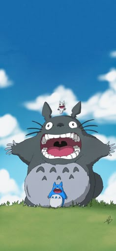 an animated image of totoro and another animal with their mouths open in the grass